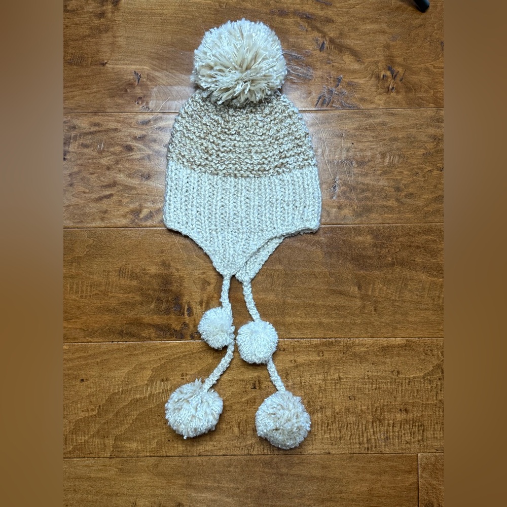 Brooklyn Hat Co Cream Knit Pom Pom Beanie Earflap OS NWOT